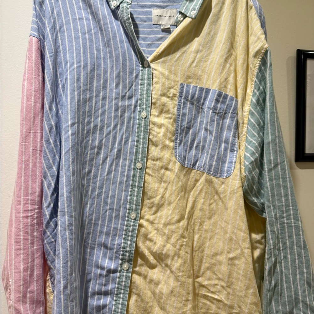 Women’s American Eagle Pastel Striped 80s Inspired Button Down Shirt, size XXL
